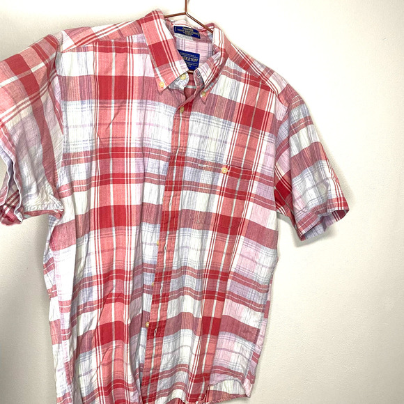 Pendleton Oceanside Short Sleeve Button Down Red Pink Plaid Shirt Size Large - Picture 2 of 9
